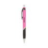 A pink barrel ballpoint pen with a black grip and a logo on the side.