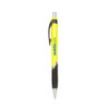 A yellow barrel ballpoint pen with a black grip and a logo on the side.