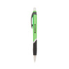 A green barrel ballpoint pen with a black grip and a silver clip, featuring a logo.