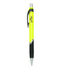 A bright yellow barrel ball pen with a black grip and silver accents, featuring branding on the side.
