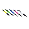 A collection of five coloured barrel ball pens in yellow, green, blue, pink, and white with black grips, featuring a logo.