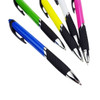 A selection of coloured barrel ballpoint pens in blue, green, yellow, pink, and white, featuring black grips and silver accents.