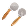 A pizza cutter wheel with a stainless steel blade and a hand-carved wooden handle. The handle features a natural finish.