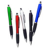 A collection of five stylus pens in green, red, silver, blue, and black, featuring a sleek design and grip.