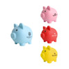A collection of four piggy coin banks in pink, red, yellow, and blue, each with a logo displayed on them.