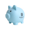 A blue PVC piggy bank with a rounded body and two ears, featuring a branding logo on its side.