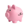 A pink PVC piggy coin bank with black dots for eyes and a branding logo on its side.