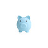 A light blue PVC piggy bank with a simple design and two black dot eyes. It features a branding logo.