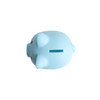 A light blue PVC piggy bank featuring a slot for coins and small decorative details.