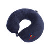 A U-shaped travel pillow in dark navy blue, featuring a logo on the side. Soft texture for comfort.