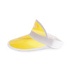 A yellow PVC sunscreen hat with a white band, featuring a logo on the side.