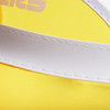A close-up of a yellow PVC sunscreen hat featuring a white band and stitching. The hat also has a logo.