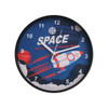A round wall clock featuring a rocket design with a blue background and black frame.