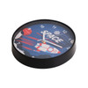 A round wall clock with a space-themed design featuring rockets, planets, and a black frame.