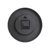A round black wall clock with a simple design, featuring a back panel with a mounted battery compartment and a hanging hook.