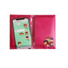 A pink wallet pocket tissue pack featuring cartoon characters and an illustration of a smartphone displaying messages.