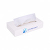 A white tissue box featuring a logo and a rectangular opening for easy access to tissues.