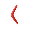 A red V-shaped boomerang toy, designed for throwing and catching. It has a smooth surface and a logo.