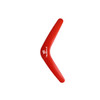 A red V-shaped boomerang toy with a logo, designed for outdoor fun and games.
