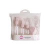 A set of clear travel bottles in a pink cosmetic pouch, including various sizes and a funnel, ideal for toiletries.