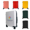 A wheeled suitcase in various colours, including white, red, yellow, green, and black, featuring a logo.