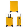 A yellow wheeled suitcase with a retractable handle and smooth wheels, featuring a sleek design and a logo.