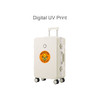 A cream-coloured ribbed ABS suitcase with a circular logo, featuring a retractable handle and wheels.