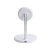 A white 2-in-1 wireless charger features a chrome stand and a round base for mobile devices.