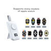 A white portable power bank designed for Apple Watch, featuring a display and compatibility with multiple models.