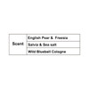 A white label listing three candle scents: English Pear & Freesia, Salvia & Sea Salt, and Wild Bluebell Cologne.