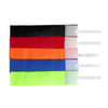 A set of stretchy armbands in black, red, orange, blue, green, and grey, featuring white straps.