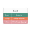 A table listing scents with colours: green for Grapefruit, orange for Orange Blossom, and pink for White Peach Oolong.
