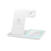A white 3-in-1 portable wireless charger with a sleek design and a logo, featuring charging pads for various devices.
