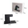 A 3-in-1 portable wireless charger in black, featuring a foldable design and an accompanying box.