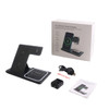 A foldable black 3-in-1 wireless charger with a USB A to Type C cable and power adapter, set beside an illustrated box.