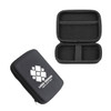 A large black zipper case with a textured interior and a logo on the front, featuring two compartments.