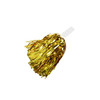 A shiny gold cheerleading pom pom with reflective strands and a white handle.