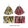 Cheerleading pom poms in gold and silver, and red and silver, with white handles. Features a logo.