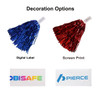 Two cheerleading pom poms presented in blue and red, featuring options for digital labels and screen printing.