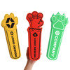 Three foam sticks featuring paw print designs in yellow, red, and green, each with a logo.