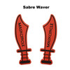 Two red promotional Cheersticks shaped like sabres, featuring a black logo, with a bold design ideal for events.