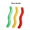 Three wavy noodle-shaped sticks in green, yellow, and red, with one featuring a logo.