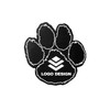 A black foam mitt shaped like a paw print, featuring a logo in the centre.