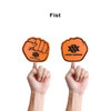 Two orange foam mitts shaped like fists, held by hands, with a logo printed on each mitt.