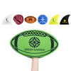 A green foam mitt shaped like a rugby ball, with various smaller foam mitts in different colours and designs above it.
