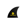 A black surfboard fin with a yellow logo and design on the side.