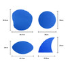 A collection of blue foam mitt shapes with various dimensions displayed on a white background.