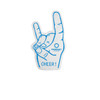 A foam mitt shaped like a hand making a "rock on" gesture, primarily blue in colour with a white background.