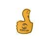 A yellow foam mitt shaped like a thumbs-up with a logo and tagline printed on it.