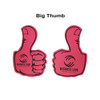 A pair of bright pink foam thumbs with a subtle logo design.